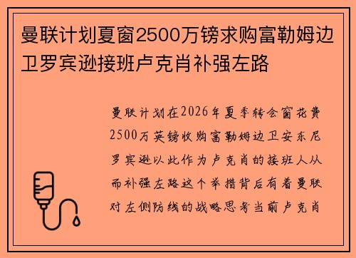 曼联计划夏窗2500万镑求购富勒姆边卫罗宾逊接班卢克肖补强左路